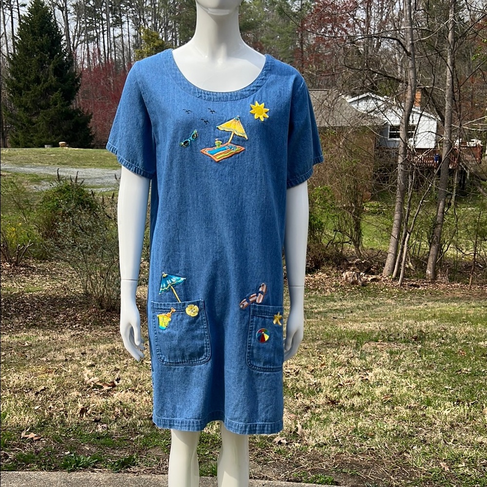 EUC Tia Denim Dress with Colorful Embroidery